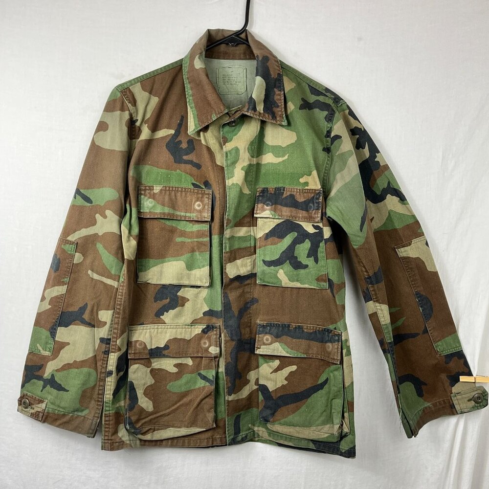 Vintage Military Canvas Chore Jacket Woodland Camo Mens Small Unisex Distressed